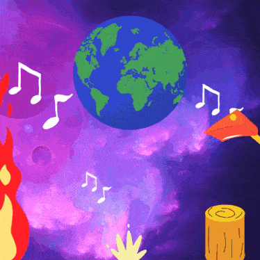 a cartoon drawing of a globe with music notes coming out of it