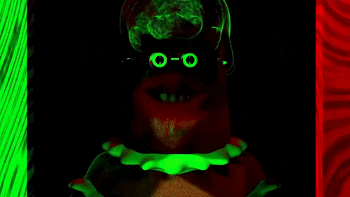 a cartoon character with glowing eyes and the words `` certainly '' written in white letters .