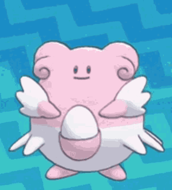 a pink and white cartoon character with wings and a face on a blue background .