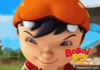 a close up of a cartoon character with the word boboi boy on the bottom