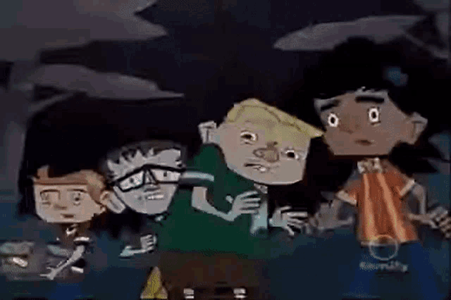 a group of cartoon characters standing next to each other in a dark room