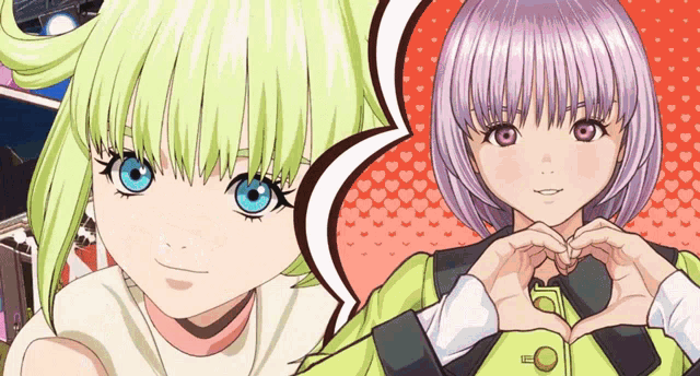 a girl with purple hair and green hair making a heart with her hands