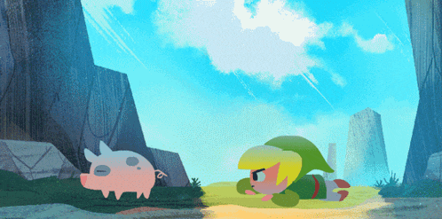a cartoon drawing of a pig and a link laying on the ground
