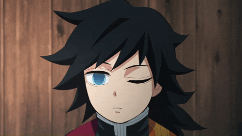 a close up of a cartoon character with blue eyes