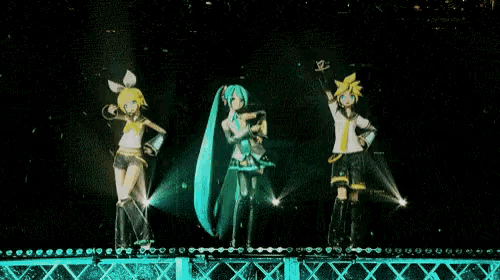 a group of anime characters are dancing on a stage in a dark room .