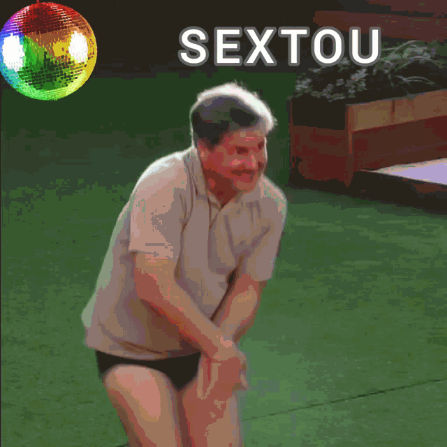 a man in swim trunks is dancing in front of a disco ball with the word sextou above him