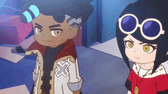 a boy and a girl are standing next to each other and the boy has a cross on his jacket