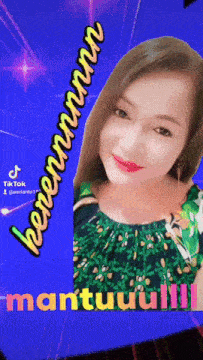 a woman 's face is displayed on a blue background with the words mantuuulil on it