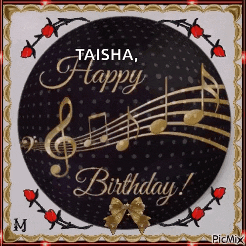 a happy birthday card with music notes and roses on it