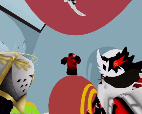 a cartoon character with a red hood is standing on a red object