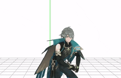 a 3d model of a man holding a sword and a green light .