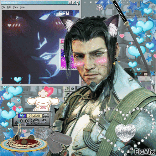 a man with cat ears and a sword is surrounded by hearts and a computer screen that says picmix on it