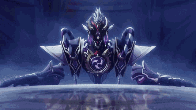 a video game character with purple and white armor and a purple circle on his chest