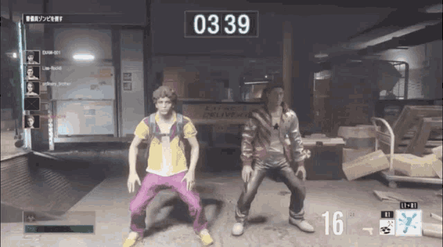 two men are dancing in front of a delivery truck with the number 0339 above them