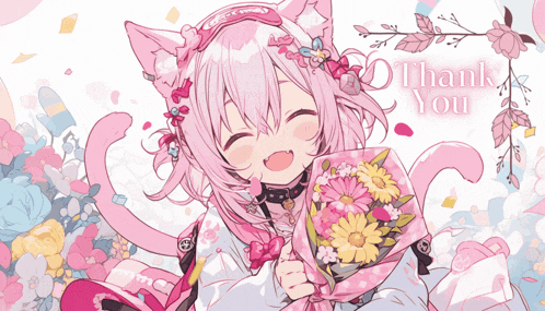 a girl with pink hair is holding a bouquet of flowers and the words thank you are behind her