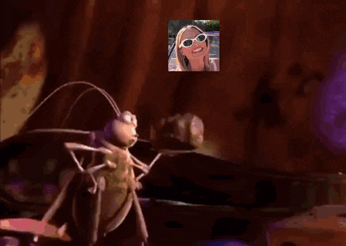 a cartoon character with a picture of a woman behind him
