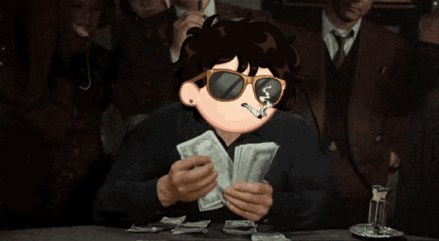 a man wearing sunglasses holds a bunch of money