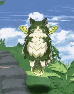 a green and white cat with yellow wings is flying through the air