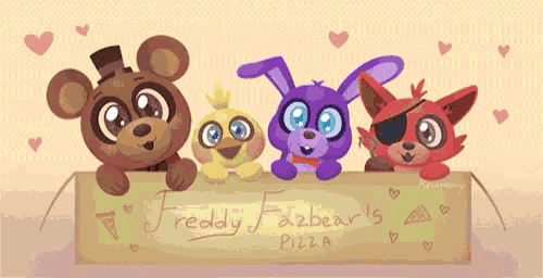 a cartoon of freddy fazbear 's pizza with a bear chicken bonnie and foxy