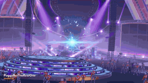 a stage with purple lights and the words puggybuttherealone