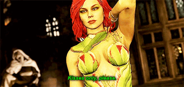 a woman in a poison ivy costume is asking for kisses