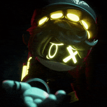 a cartoon character with a hat and a cross on his face