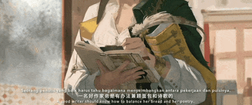 a cartoon of a woman holding a book with chinese writing on the bottom