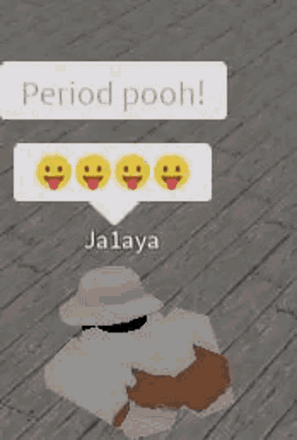 a person in a white hat is standing on a wooden floor with a speech bubble that says jalaya .