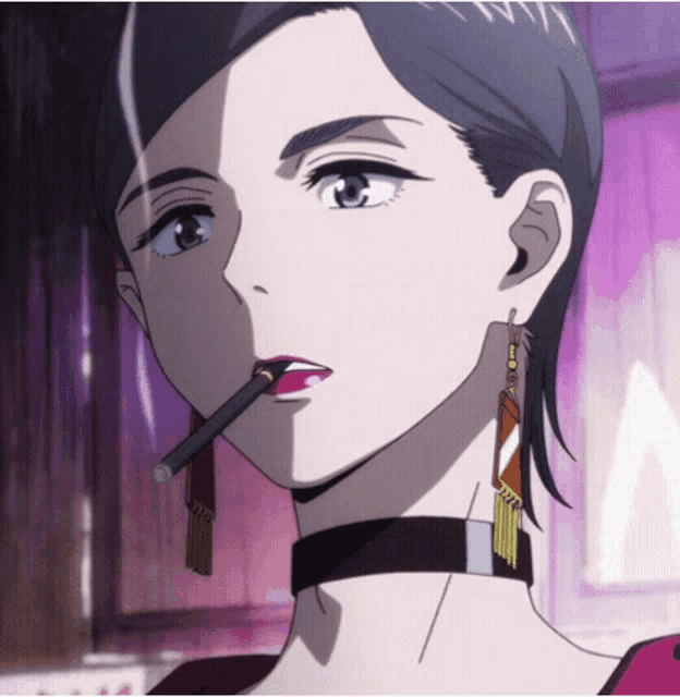 a woman with a choker and earrings is smoking a cigarette in her mouth