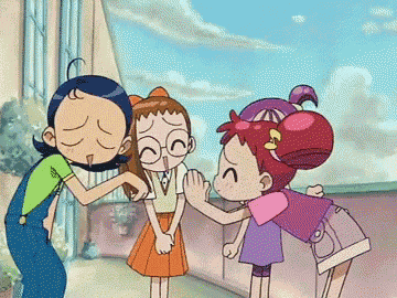 a group of cartoon characters are standing next to each other and one of them is petting another girl 's head .