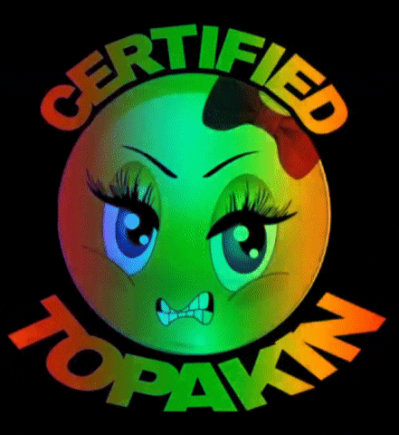 a green smiley face with a bow on its head and the words certified topakin