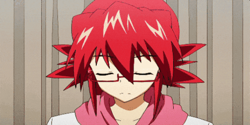 a red haired anime character with glasses and a pink hoodie