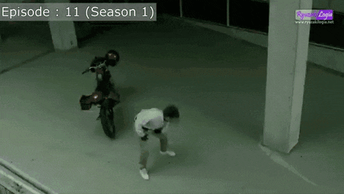 a man standing next to a motorcycle with the words episode 11 season 1 on it