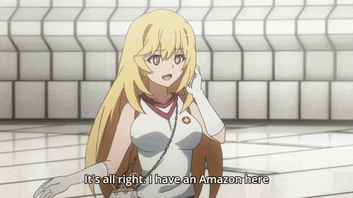 a blonde anime girl says " it 's all right , i have an amazon here "