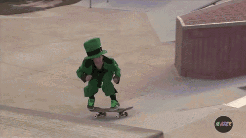 a person in a leprechaun costume is riding a skateboard on a ramp