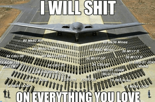 a picture of a plane with the words " i will shit on everything you love "