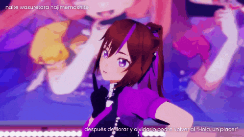 a girl with purple hair and a ponytail is standing in front of a sign that says noite wasuretara