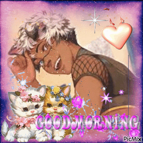 a picture of a woman and two kittens with the words good morning on it
