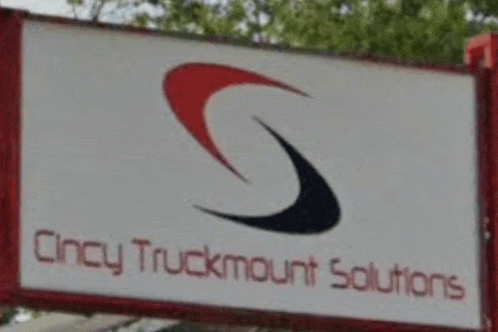 a sign for cincy truckmount solutions has a red and black s on it
