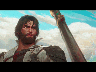a man with a beard is holding a sword