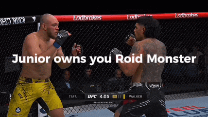 two men are fighting in a cage with the words junior owns you roid monster