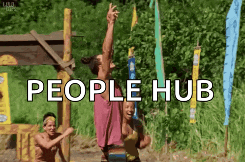 a group of people are standing in a field with the words people hub above them .