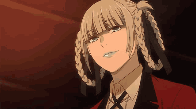 a girl with braids in her hair is wearing a red jacket and white shirt