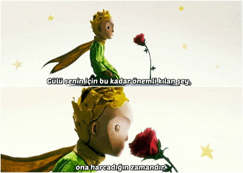 a cartoon of a little prince holding a rose with the words " ona harcadigin zamandir " underneath him