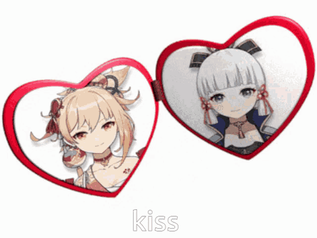 two red hearts with a picture of a girl and the word kiss on the bottom right