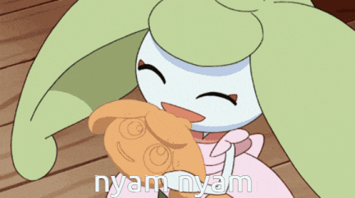 a cartoon character is holding a stuffed animal and says " nyan nyan " on the bottom