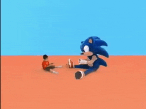 a giant stuffed sonic the hedgehog is sitting next to a small person .