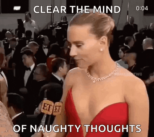 a woman in a red dress is standing in front of a crowd and says clear the mind of naughty thoughts