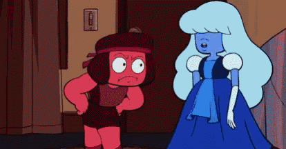 a cartoon of ruby and blue sapphire standing next to each other .