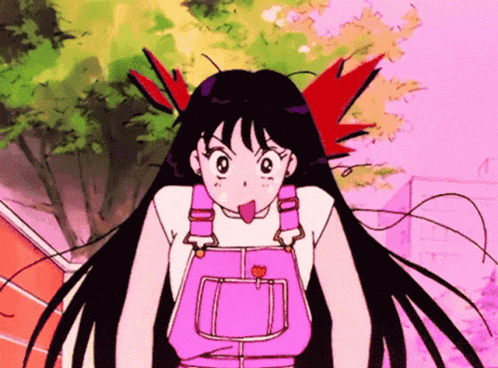 a girl with long black hair is sticking her tongue out